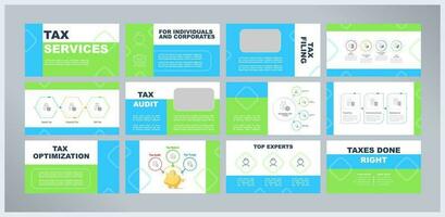 Tax services presentation templates set. Bookkeeping support. Taxation assistance. Financial compliance. Ready made PPT slides on multicolor background. Graphic design vector