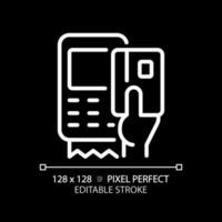 Hand with EDC device pixel perfect white linear icon for dark theme. POS terminal for payment with credit cards. Thin line illustration. Isolated symbol for night mode. Editable stroke vector