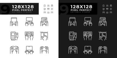 Hands using gadgets pixel perfect linear icons set for dark, light mode. Technology of business and entertainment. Thin line symbols for night, day theme. Isolated illustrations. Editable stroke vector