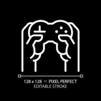 Hands with controller pixel perfect white linear icon for dark theme. Person playing video game with joystick. Thin line illustration. Isolated symbol for night mode. Editable stroke vector