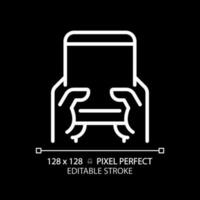 Hand with tablet pixel perfect white linear icon for dark theme. Person using mobile device. Browsing internet via gadget. Thin line illustration. Isolated symbol for night mode. Editable stroke vector