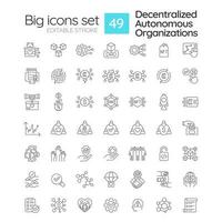 Decentralized autonomous organizations linear icons set. Internet technology in business. Innovations. Customizable thin line symbols. Isolated vector outline illustrations. Editable stroke