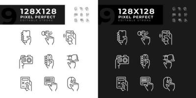 Hands holding electronic gadgets pixel perfect linear icons set for dark, light mode. Digital equipment usage. Thin line symbols for night, day theme. Isolated illustrations. Editable stroke vector