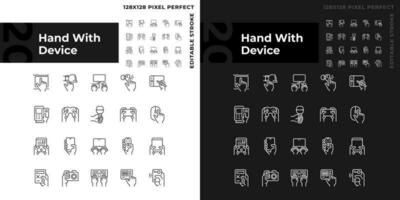 Hands with devices pixel perfect linear icons set for dark, light mode. User with electronic gadgets. Thin line symbols for night, day theme. Isolated illustrations. Editable stroke vector