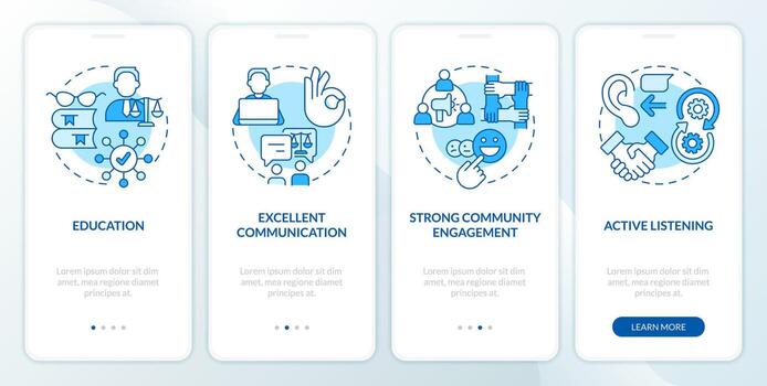 Effective advocate traits blue onboarding mobile app screen. Law walkthrough 4 steps editable graphic instructions with linear concepts. UI, UX, GUI templated vector