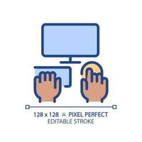 Black hands with computer pixel perfect RGB color icon. Person working on PC. Electronic equipment for work and hobby. Isolated vector illustration. Simple filled line drawing. Editable stroke