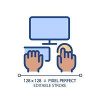 Black hands with computer pixel perfect RGB color icon. Person working on PC. Electronic equipment for work and hobby. Isolated vector illustration. Simple filled line drawing. Editable stroke