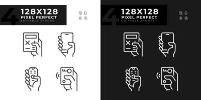 Hands with mobile devices pixel perfect linear icons set for dark, light mode. Appliances for control and communication. Thin line symbols for night, day theme. Isolated illustrations. Editable stroke vector