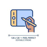 Black hand with graphic tablet pixel perfect RGB color icon. Designer instrument. Digital device for artworks creation. Isolated vector illustration. Simple filled line drawing. Editable stroke