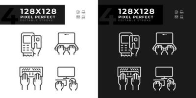 Hands using devices pixel perfect linear icons set for dark, light mode. Opportunity for technology users. Thin line symbols for night, day theme. Isolated illustrations. Editable stroke vector