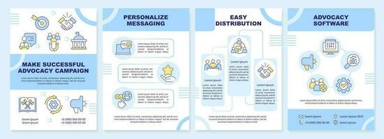 Make successful advocacy campaign blue brochure template. Leaflet design with linear icons. Editable 4 vector layouts for presentation, annual reports