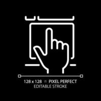 Hand with touchpad pixel perfect white linear icon for dark theme. Finger touching controller surface. Technology development. Thin line illustration. Isolated symbol for night mode. Editable stroke vector