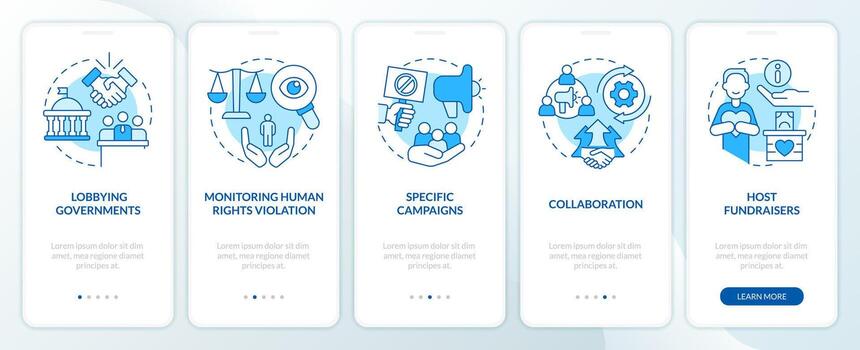 Forms of advocacy blue onboarding mobile app screen. Legal support walkthrough 5 steps editable graphic instructions with linear concepts. UI, UX, GUI templated vector