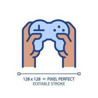 Black hands with controller pixel perfect RGB color icon. Person playing video game with joystick. Technology of amusement. Isolated vector illustration. Simple filled line drawing. Editable stroke