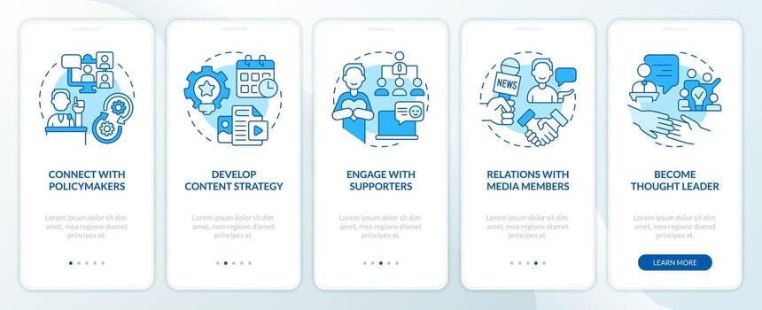 Social media plans for advocacy blue onboarding mobile app screen. Walkthrough 5 steps editable graphic instructions with linear concepts. UI, UX, GUI templated vector