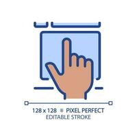 Hand with touchpad pixel perfect RGB color icon. Finger touching controller surface. Digital technology development. Isolated vector illustration. Simple filled line drawing. Editable stroke