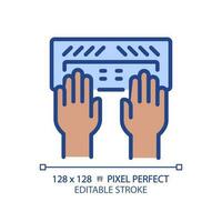 Black hands with Braille keyboard pixel perfect RGB color icon. Equipment for users with eyesight problems. Blind support. Isolated vector illustration. Simple filled line drawing. Editable stroke