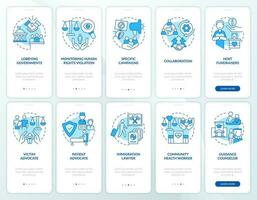 Forms and careers in advocacy blue onboarding mobile app screens set. Walkthrough 5 steps editable graphic instructions with linear concepts. UI, UX, GUI templated vector