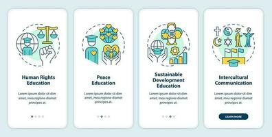 GCED experiences from onboarding mobile app screen. Education process walkthrough 4 steps editable graphic instructions with linear concepts. UI, UX, GUI templated vector