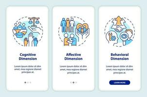 GCED conceptual dimensions onboarding mobile app screen. Walkthrough 3 steps editable graphic instructions with linear concepts. UI, UX, GUI templated vector