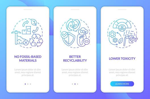 bio establecido materiales pros azul degradado inducción móvil aplicación pantalla. recorrido 3 pasos gráfico instrucciones con lineal conceptos. ui, ux, gui plantilla vector