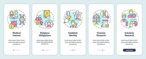 Genealogical research motivation onboarding mobile app screen. Walkthrough 5 steps editable graphic instructions with linear concepts. UI, UX, GUI templated vector