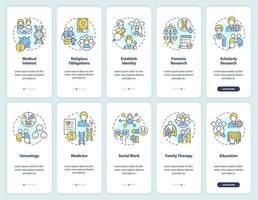 Family tree usage onboarding mobile app screen set. Walkthrough 5 steps editable graphic instructions with linear concepts. UI, UX, GUI templated vector