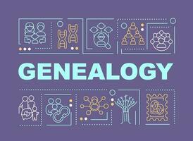 Genealogy word concepts purple banner. Family history research. Infographics with editable icons on color background. Isolated typography. Vector illustration with text