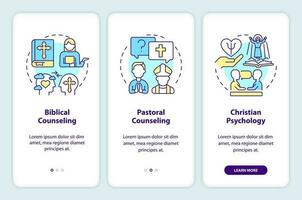 Christian counseling onboarding mobile app screen. Support walkthrough 3 steps editable graphic instructions with linear concepts. UI, UX, GUI templated vector