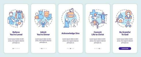 Becoming Christian onboarding mobile app screen. Faith walkthrough 5 steps editable graphic instructions with linear concepts. UI, UX, GUI templated vector