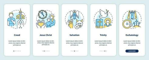 Christian beliefs onboarding mobile app screen. Statements walkthrough 5 steps editable graphic instructions with linear concepts. UI, UX, GUI templated vector