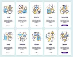 Christian beliefs and practices onboarding mobile app screens set. Walkthrough 5 steps editable graphic instructions with linear concepts. UI, UX, GUI templated vector