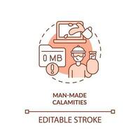 Man-made calamities red concept icon. Accidental failures. Data loss. Disaster type abstract idea thin line illustration. Isolated outline drawing. Editable stroke vector