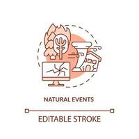 Natural events red concept icon. Tornadoes and wildfire. Recovery. Disaster type abstract idea thin line illustration. Isolated outline drawing. Editable stroke vector
