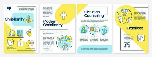 Christianity blue and yellow brochure template. Religious lifestyle. Leaflet design with linear icons. Editable 4 vector layouts for presentation, annual reports