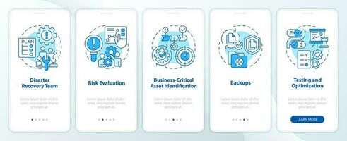 Effective disaster recovery plan blue onboarding mobile app screen. Walkthrough 5 steps editable graphic instructions with linear concepts. UI, UX, GUI templated vector