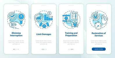 Disaster recovery plan benefits blue onboarding mobile app screen. Walkthrough 4 steps editable graphic instructions with linear concepts. UI, UX, GUI templated vector