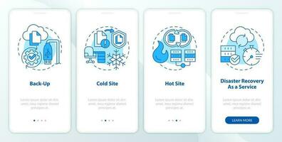 Types of disaster recovery blue onboarding mobile app screen. Walkthrough 4 steps editable graphic instructions with linear concepts. UI, UX, GUI templated vector