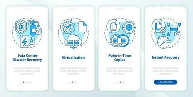 Disaster recovery approaches blue onboarding mobile app screen. Walkthrough 4 steps editable graphic instructions with linear concepts. UI, UX, GUI templated vector