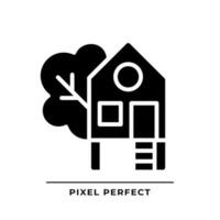 Treehouse black glyph icon. Building constructed on tree. Forest house for recreation. Real estate. Home for kid. Silhouette symbol on white space. Solid pictogram. Vector isolated illustration