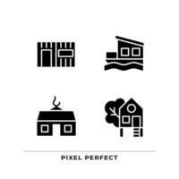 Compact houses black glyph icons set on white space. Modular and container homes. Treehouse for recreation. houseboat. Silhouette symbols. Solid pictogram pack. Vector isolated illustration