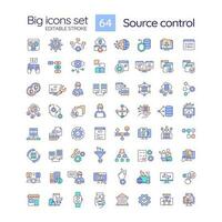 Source control RGB color icons set. Software development technology. Files changing tracking. SCM system. Isolated vector illustrations. Simple filled line drawings collection. Editable stroke