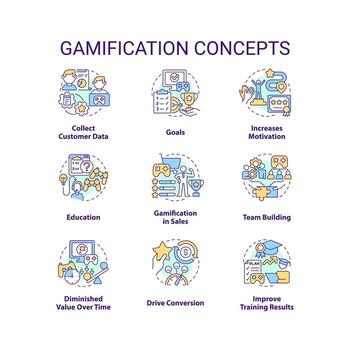 Gamification concept icons set. Integration of play elements in non game contexts idea thin line color illustrations. Isolated symbols. Editable stroke vector