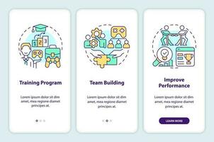 Gamification in workplace onboarding mobile app screen. Corporate walkthrough 3 steps editable graphic instructions with linear concepts. UI, UX, GUI templated vector