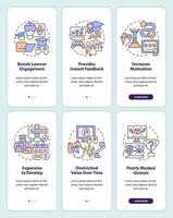 Gamification pros and cons onboarding mobile app screens set. Walkthrough 3 steps editable graphic instructions with linear concepts. UI, UX, GUI templated vector