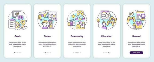 Game mechanics in gamification onboarding mobile app screen. Playing walkthrough 5 steps editable graphic instructions with linear concepts. UI, UX, GUI templated vector
