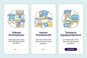 Gamification in corporate training onboarding mobile app screen. Walkthrough 3 steps editable graphic instructions with linear concepts. UI, UX, GUI templated vector