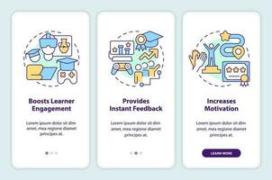 Gamification benefits in e learning onboarding mobile app screen. Walkthrough 3 steps editable graphic instructions with linear concepts. UI, UX, GUI templated vector