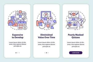 Gamification challenges in e learning onboarding mobile app screen. Walkthrough 3 steps editable graphic instructions with linear concepts. UI, UX, GUI templated vector