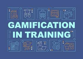 Gamification in training word concepts dark blue banner. Infographics with editable icons on color background. Isolated typography. Vector illustration with text